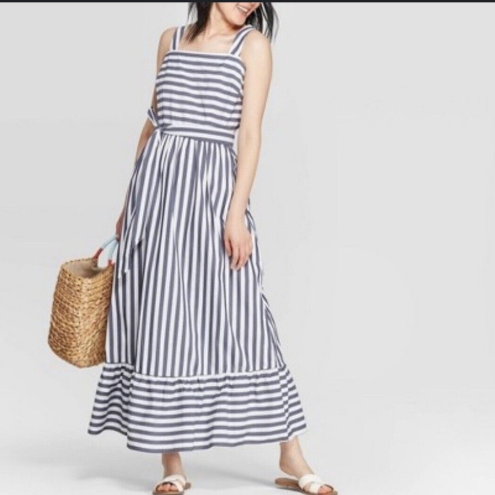 A New Day Black White Striped Maxi Dress | Size Small | Pockets & Tie Waist